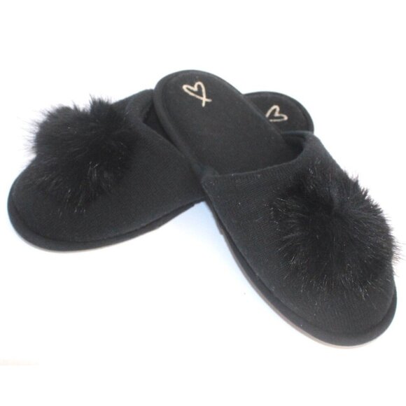 Victoria's Secret Black Knit Embroidered Pop Pom Slippers Slip On Women's Large - Picture 1 of 10